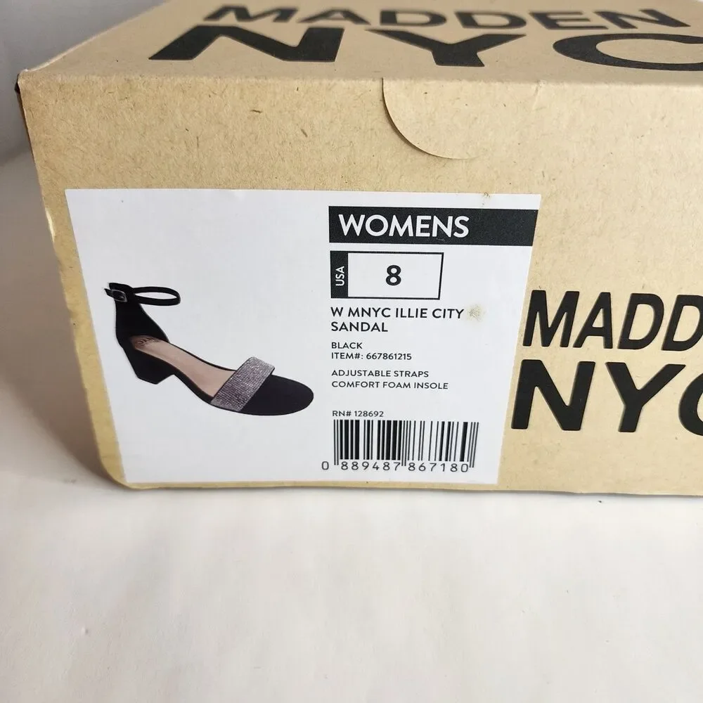 NIB MADDEN NYC WOMENS BLACK SZ 8 RHINESTONE ILLIE CITY BLOCK HEEL STRAPPY SANDAL